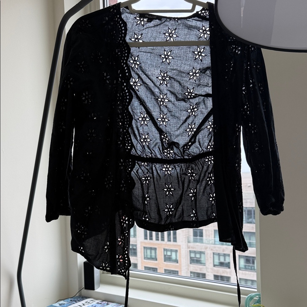 Madewell Women’s Black Eyelet Lace Open Cardigan Sweater